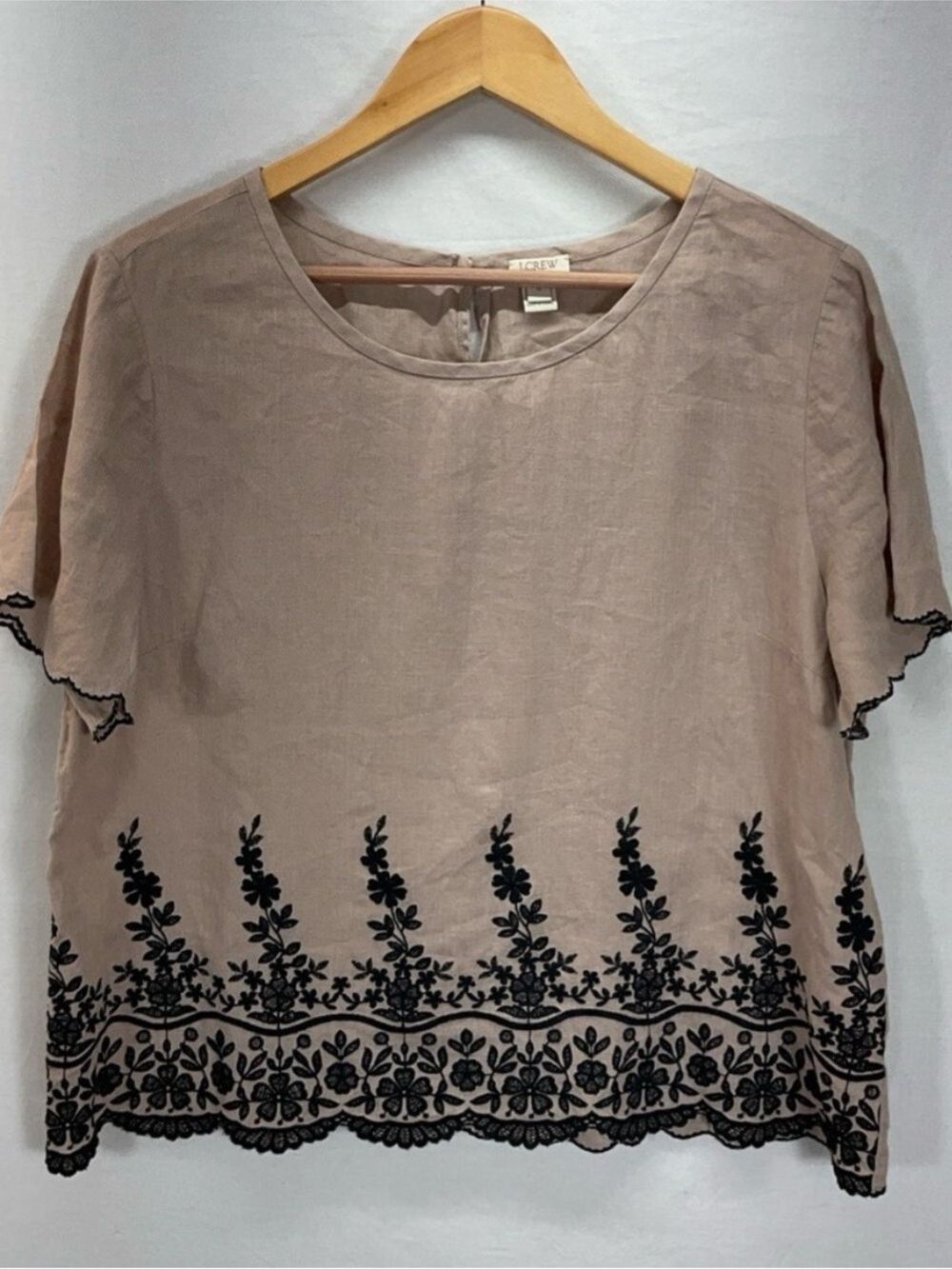 J. Crew Blush Pink Linen-Blend Top with Black Floral Embroidery